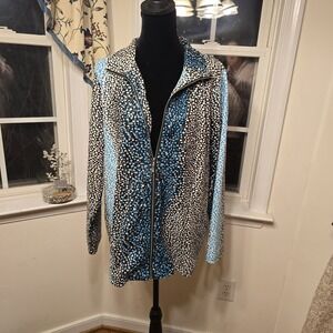Birch Hill Womens 1X Blue Black White Abstract Dot Wave Zip Up Jacket